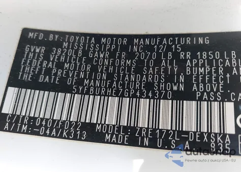 2016 Toyota Corolla S Plus z USA, uszkodzony, nr VIN 5YFBURHE7GP434370